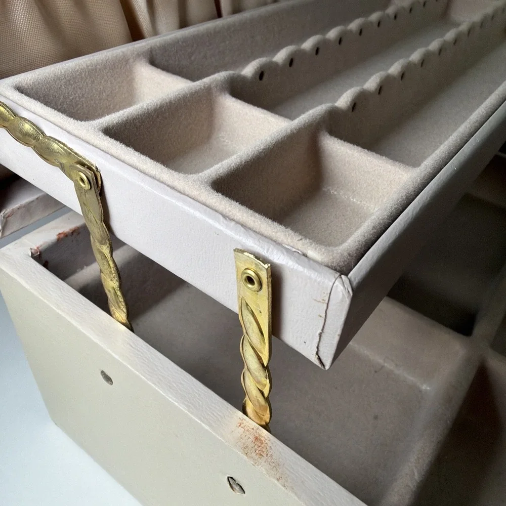 Vintage Mele 3-tier Jewelry Box Gold Trim/Cream With Taupe Interior